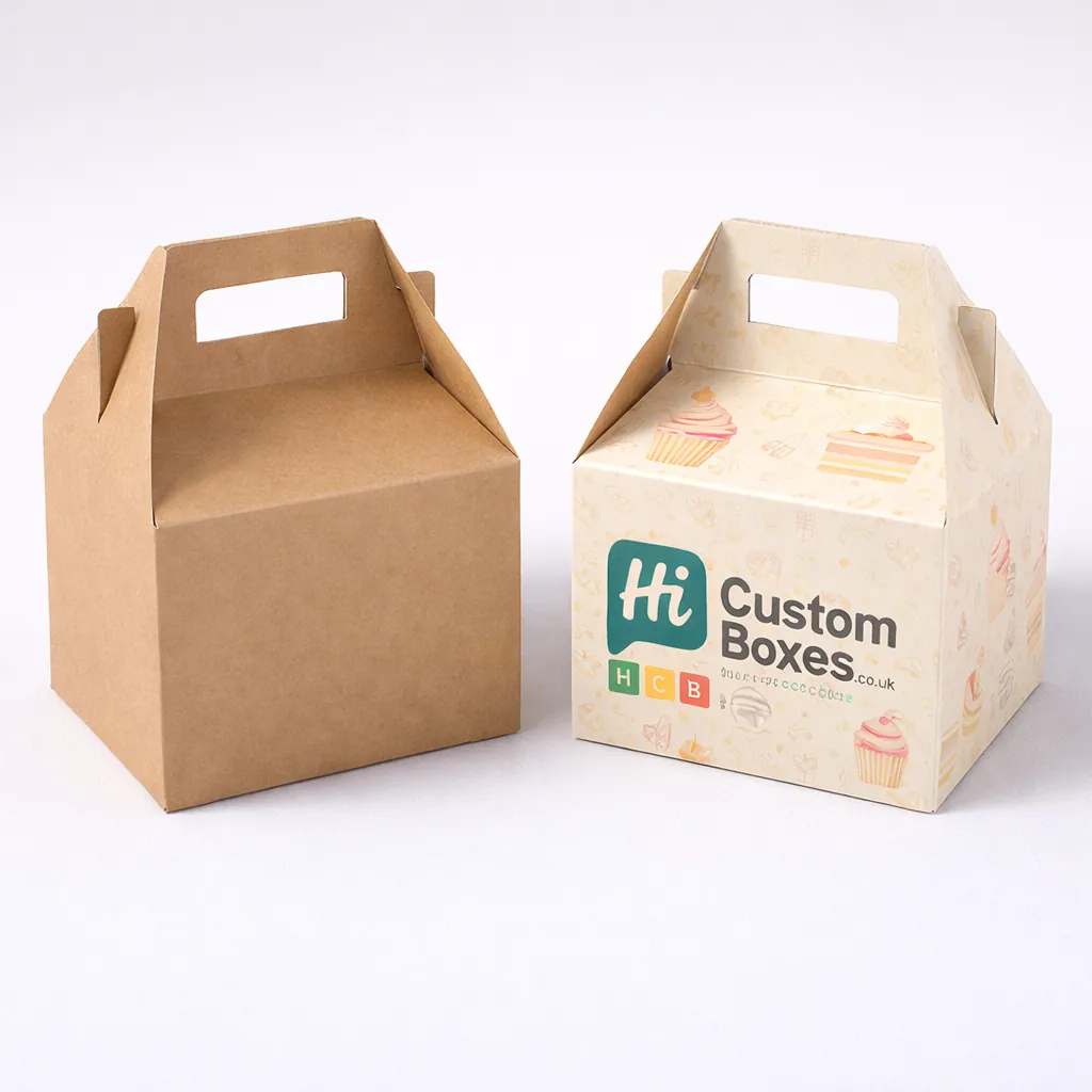 Two sturdy white two-piece boxes with lids, including one featuring custom blue floral branding. class=